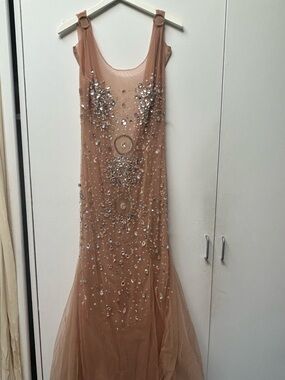 Custom Embellished Nude Mesh Evening Gown – Crystal Beaded Statement Dress